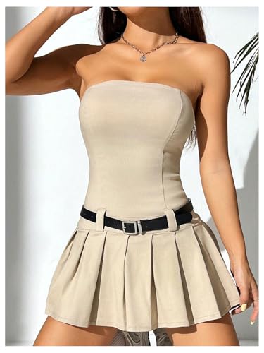 Women's Petite Strapless Belted Tube Dress Sleeveless Pleated A Line Mini Dresses