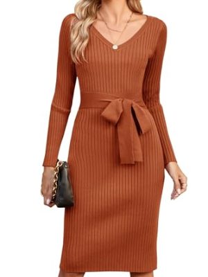 Womens 2025 Sweater Dress Long Sleeve Fall Midi Ribbed Knit Winter Belted Bodycon Dresses Work Clothes