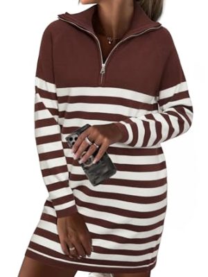 Women's Winter Sweater Dress 2024 Striped Long Sleeve Lapel Collar Chunky Knit Slouchy Oversized Sweaters