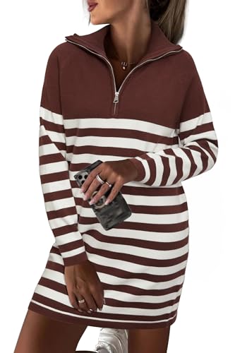 41Zxag1rYL.jpg Women's Winter Sweater Dress 2024 Striped Long Sleeve Lapel Collar Chunky Knit Slouchy Oversized Sweaters