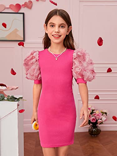 Girl's Ribbed Mesh Short Puff Sleeve Cute Birthday Party Pencil Mini Dress
