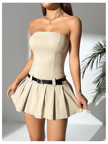 Women's Petite Strapless Belted Tube Dress Sleeveless Pleated A Line Mini Dresses