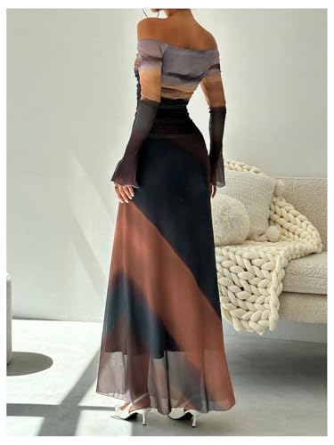 Women's Off Shoulder Long Bell Sleeve Dress Printed Ruched Dresses