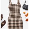 Women's Plaid Sleeveless Bodycon Mini Dress Square Neck Pencil Tank Dress