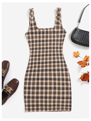 Women's Plaid Sleeveless Bodycon Mini Dress Square Neck Pencil Tank Dress