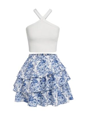 Girl's 2 Piece Summer Outfits Sets Floral Print Textured Ribbed Knit Halter Cami Top & Tiered Layer Skirt Sets