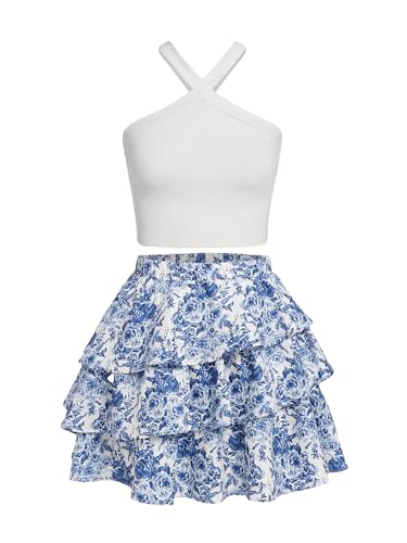 Girl's 2 Piece Summer Outfits Sets Floral Print Textured Ribbed Knit Halter Cami Top & Tiered Layer Skirt Sets