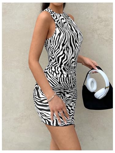 Women's Zebra Print Sleeveless Bodycon Dress Drawstring Asymmetrical Mini Tank Dress