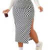 Women's Plus Size Checkered Split Thigh Midi Skirt Ruched High Waisted Bodycon Skirts