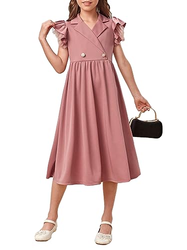 Girl's Ruffle Trim Layered Sleeve Lace Pleated Lapel Zipper Collar Button Front Casual Dress