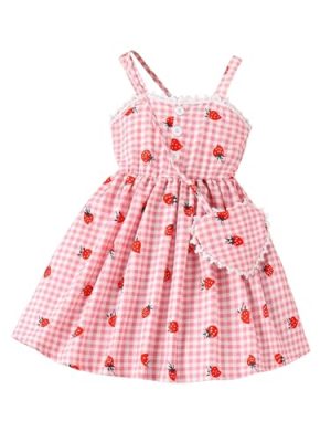 Toddler Girl's Plaid Strawberry Print Flared Cami Dress Cute Swing Dress with Bag