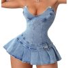 41bm6Dl0fML.jpg Women's Strapless Pleated Mini Denim Dress Party Club Corset Tube Dresses