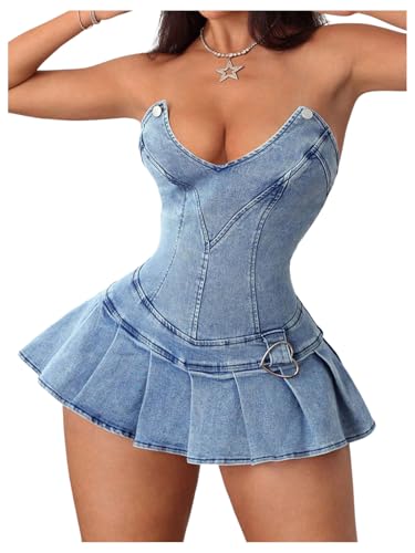 41bm6Dl0fML.jpg Women's Strapless Pleated Mini Denim Dress Party Club Corset Tube Dresses