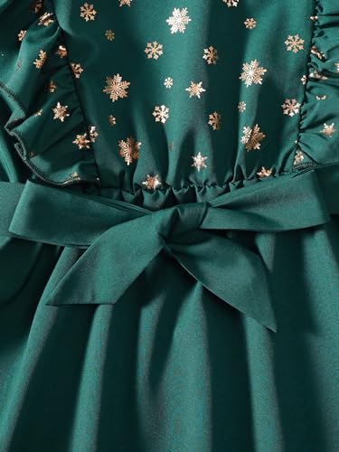 Girl's Flounce Sleeve Belted Gold Snowflake Party Swing A Line Dress