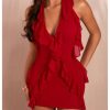 41c6tlHQSWL.jpg Women's Sexy Mesh Deep V Neck Ruffle Trim Halter Mini Dress 3D Flower Decor Sleeveless Cocktail Dress