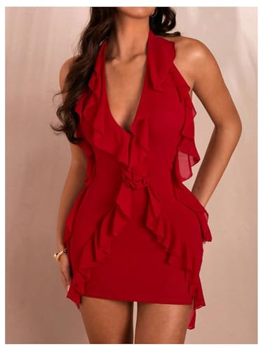 41c6tlHQSWL.jpg Women's Sexy Mesh Deep V Neck Ruffle Trim Halter Mini Dress 3D Flower Decor Sleeveless Cocktail Dress