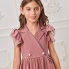 Girl's Ruffle Trim Layered Sleeve Lace Pleated Lapel Zipper Collar Button Front Casual Dress