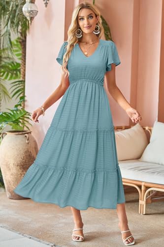 Women's 2025 Summer Boho Maxi Dresses Flutter Short Sleeve V Neck Casual Beach Wedding Guest Vacation Long Dress