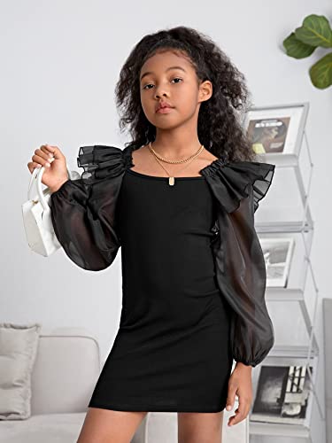 41eIh2EKJCL.jpg Girl's Mesh Ruffle Trim Layered Tie Back Lantern Sleeve Pencil Mini Dress