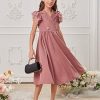 Girl's Ruffle Trim Layered Sleeve Lace Pleated Lapel Zipper Collar Button Front Casual Dress
