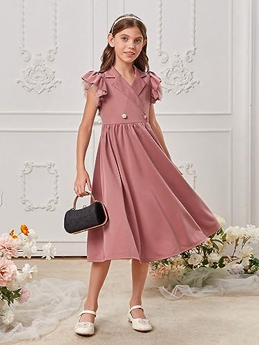 Girl's Ruffle Trim Layered Sleeve Lace Pleated Lapel Zipper Collar Button Front Casual Dress