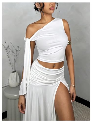 41ePZdj3XwL.jpg Women's 2 Piece Outfits Asymmetrical Neck Sleeveless Top and Split Thigh Ruffle Midi Skirt Set