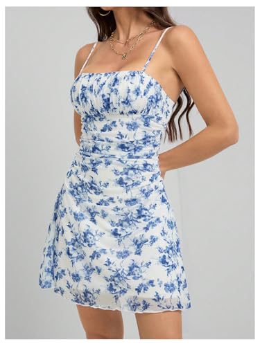 Women's Floral Ruched Cami Dress Boho Spaghetti Strap A Line Short Dresses