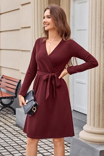 Womens 2025 Fall Dresses Teacher Church Business Casual Work Outfits Knit Midi Sweater Pockets Belt Dress