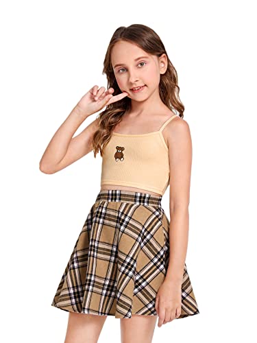 41ftopFjhrL.jpg Girl's 2 Piece Outfits Cartoon Print Cami Top and Plaid Skater Skirt Set