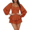 Women's Lantern Short Romper - Long Sleeve Ruffle Layer Mini Dress Waist Tie Jumpsuit