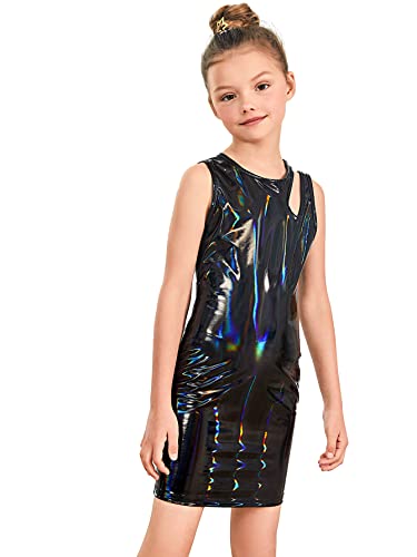 Girl's Cut Out Round Neck Sleeveless PU Leather Bodycon Tank Dress