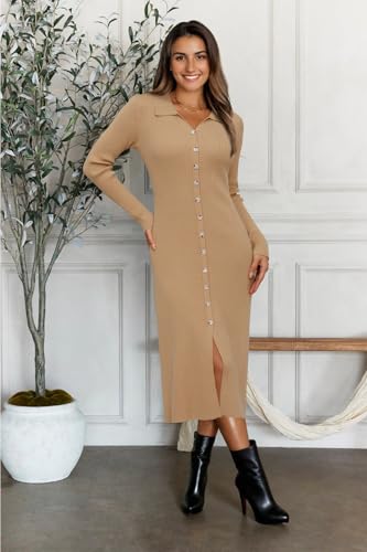 41gYti1-waL.jpg Womens Sweater Dress Fall Teacher Oufits 2025 Long Sleeve Business Casual Bodycon Split Ribbed Knit Midi Dresses