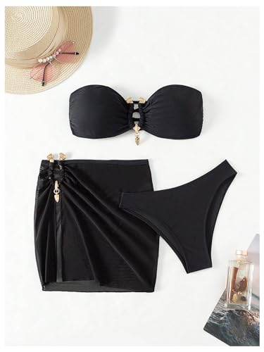 Women's Ring Linked Bandeau Bikini Set Tie Backless Bathing Suit 3 Piece Swimsuit with Cover Up Skirt