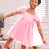 41gv10Kwm1L.jpg Girl's Mesh Short Puff Sleeve Square Neck High Waist Flared Hem Zipper A Line Dress
