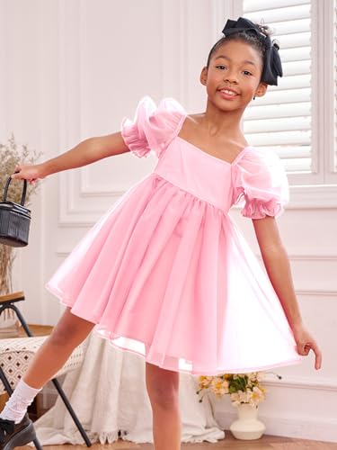 41gv10Kwm1L.jpg Girl's Mesh Short Puff Sleeve Square Neck High Waist Flared Hem Zipper A Line Dress
