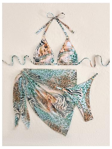 Women's 3 Pieces Bikini Set Leopard Print Halter String Swimsuit with Cover Up Skirt