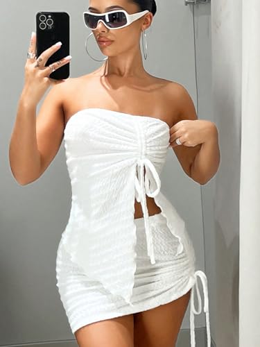 Women's 2 Piece Outfits Strapless Drawstring Front Ruched Crop Tube Top and Bodycon Skirt Set