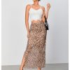 Women's Leopard Print Mesh Skirt Ruched Split Thigh Low Waist Maxi Skirts