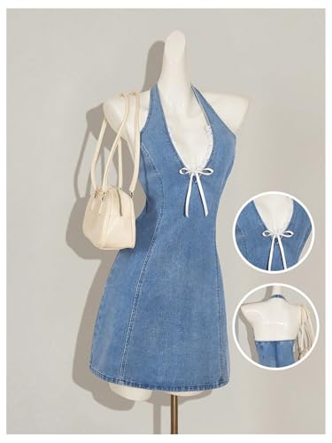 Women's Bow Halter Mini Jean Dress Lace Trim Sleeveless Backless Denim Dresses