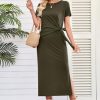 Women 2025 Summer Casual Dress Tie Waist T Shirt Short Sleeve Beach Crew Neck Slit Maxi Trendy