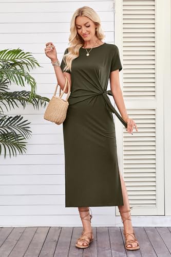 Women 2025 Summer Casual Dress Tie Waist T Shirt Short Sleeve Beach Crew Neck Slit Maxi Trendy