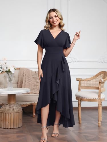 Long Formal Dresses for Women Elegant V Neck Wrap Ruffle Cocktail Wedding Guest Dress Evening Party Gown