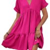 Women's Roll Up Short Sleeve V Neck Ruffle Hem Solid Swing Smock Dress