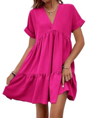 Women's Roll Up Short Sleeve V Neck Ruffle Hem Solid Swing Smock Dress
