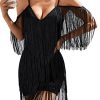 Women's Fringe Trim Cold Shoulder Short Sleeve Bodycon Party Flapper Mini Dress
