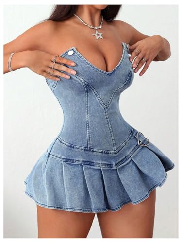 41j6zdp5zYL.jpg Women's Strapless Pleated Mini Denim Dress Party Club Corset Tube Dresses