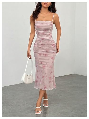 41jHQn54K5L.jpg Women's Floral Print Ruched Sleeveless Cami Dress Fishtail Bodycon Midi Dress