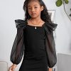 41joLRu8K3L.jpg Girl's Mesh Ruffle Trim Layered Tie Back Lantern Sleeve Pencil Mini Dress