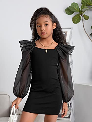 41joLRu8K3L.jpg Girl's Mesh Ruffle Trim Layered Tie Back Lantern Sleeve Pencil Mini Dress