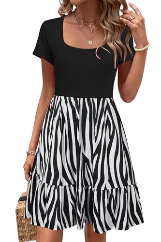 Women 2025 Summer Dress Square Neck Formal Short Sleeve Business Casual Outfits Ruffle Spring Pockets Sundress